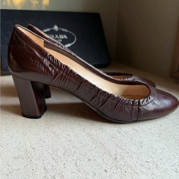 PRADA pumps block heel 39.5 brown chocolate gathered around leather - Picture 5 of 8